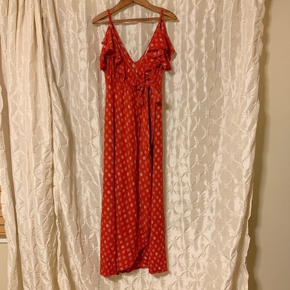 Band of Gypsies Wrap Red Maxi Dress Polka Dot Cold Shoulder - Picture 2 of 13